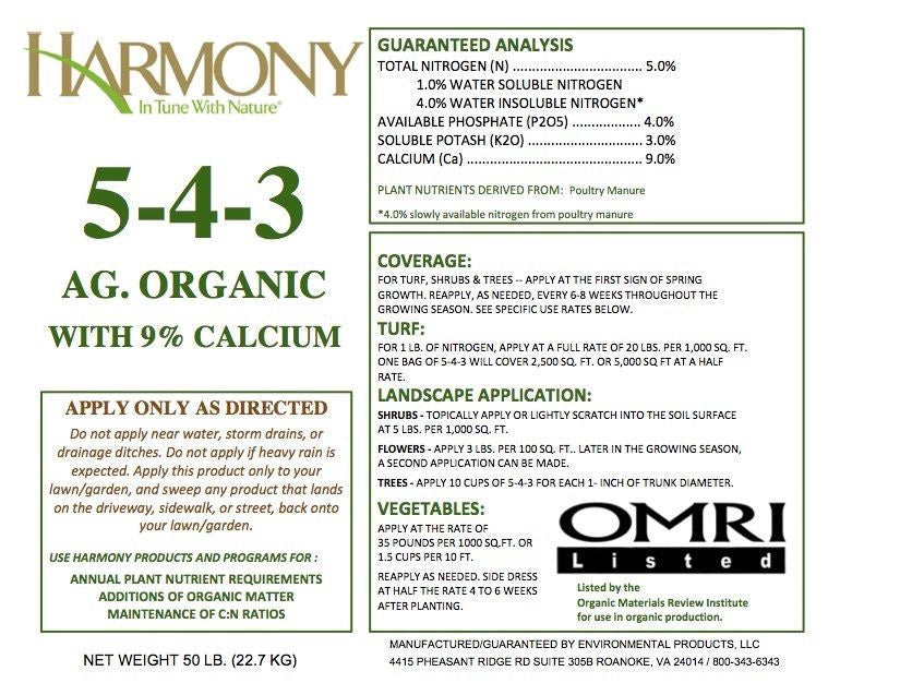 Harmony 5-4-3 Organic 9% Calcium 40#